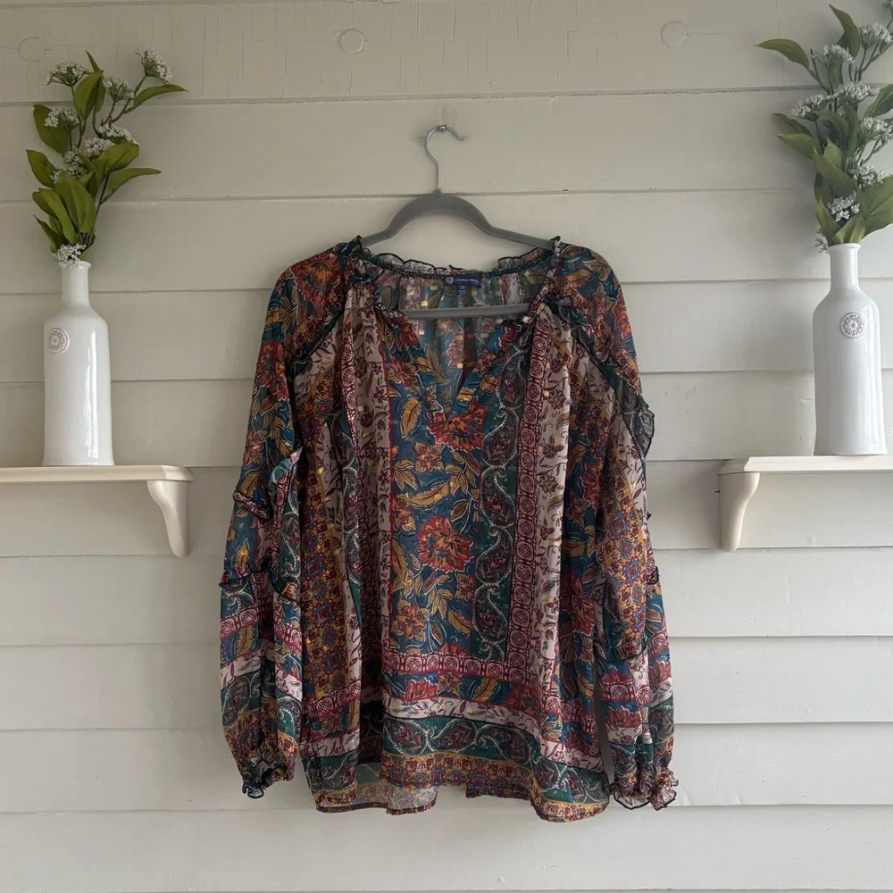Democracy Sheer Multicolor Floral Boho Top Women’s Size 2X - Picture 4 of 16